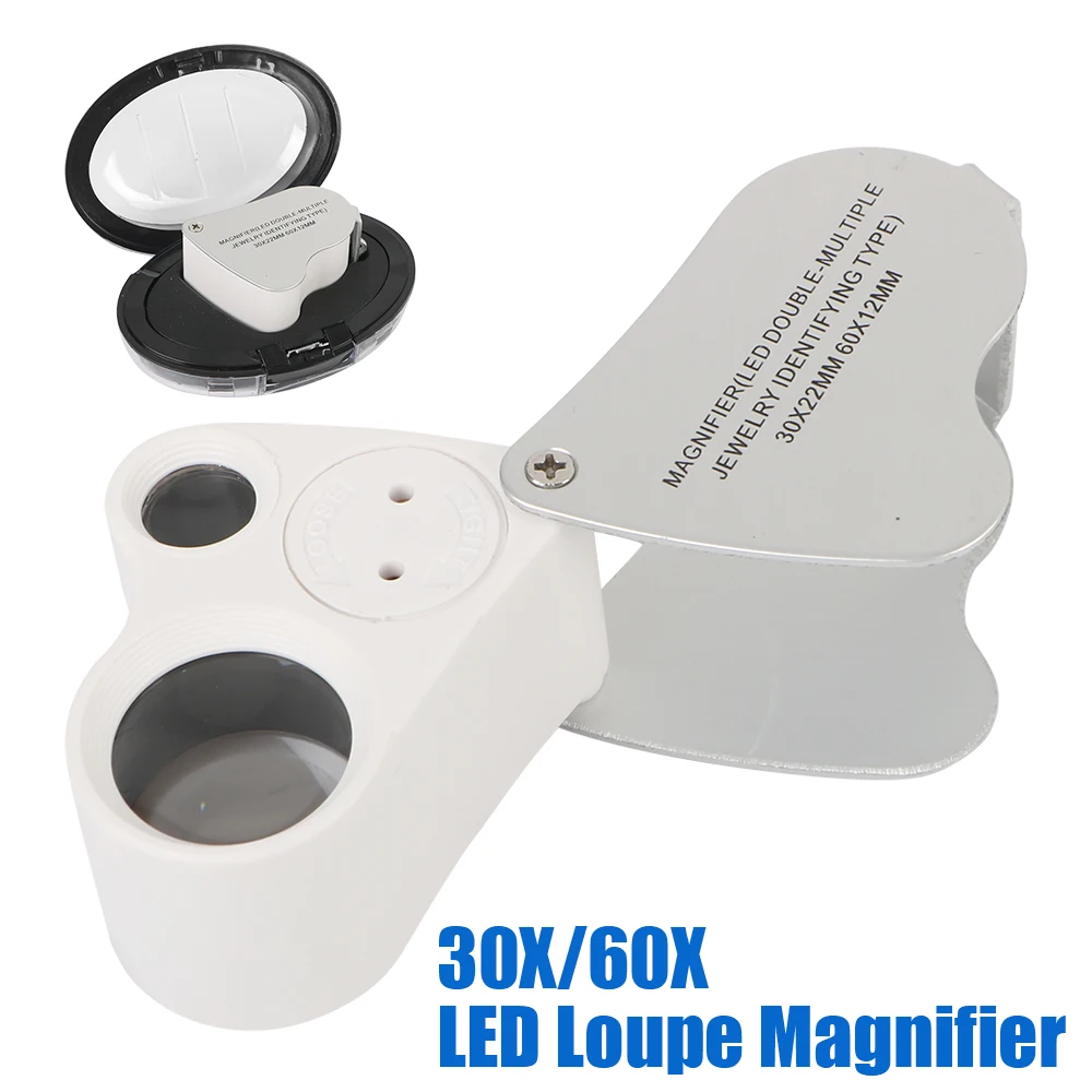 60X 30X Loupe Illuminated With LED Lighting Folding Handheld Magnifier Portable Jeweler Loupe Magnifier Magnifying Glass 2 In 1