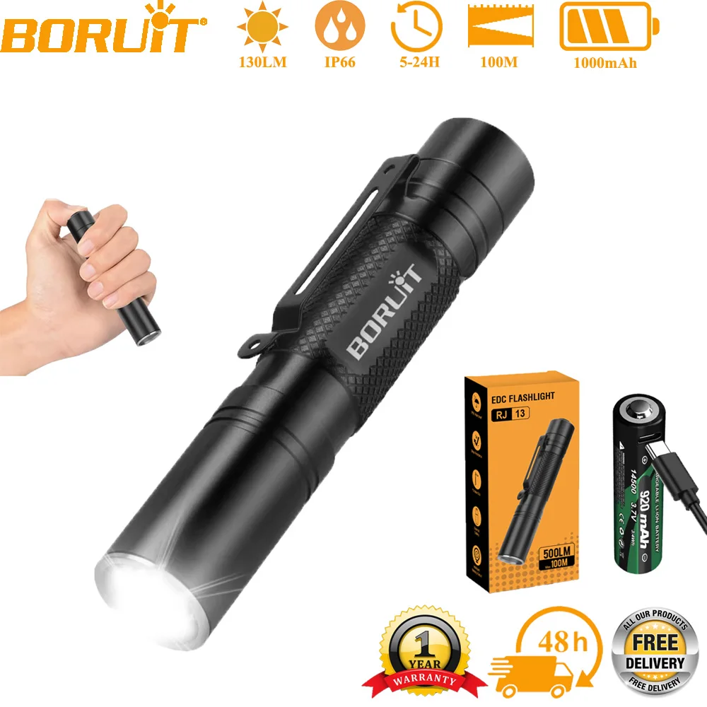 

BORUiT RJ13 Маленький EDC-фонарь 500 лм, мощный карманный фонарик с зарядкой Type-C USB, водонепроницаемый IP66, для кемпинга и активного отдыха