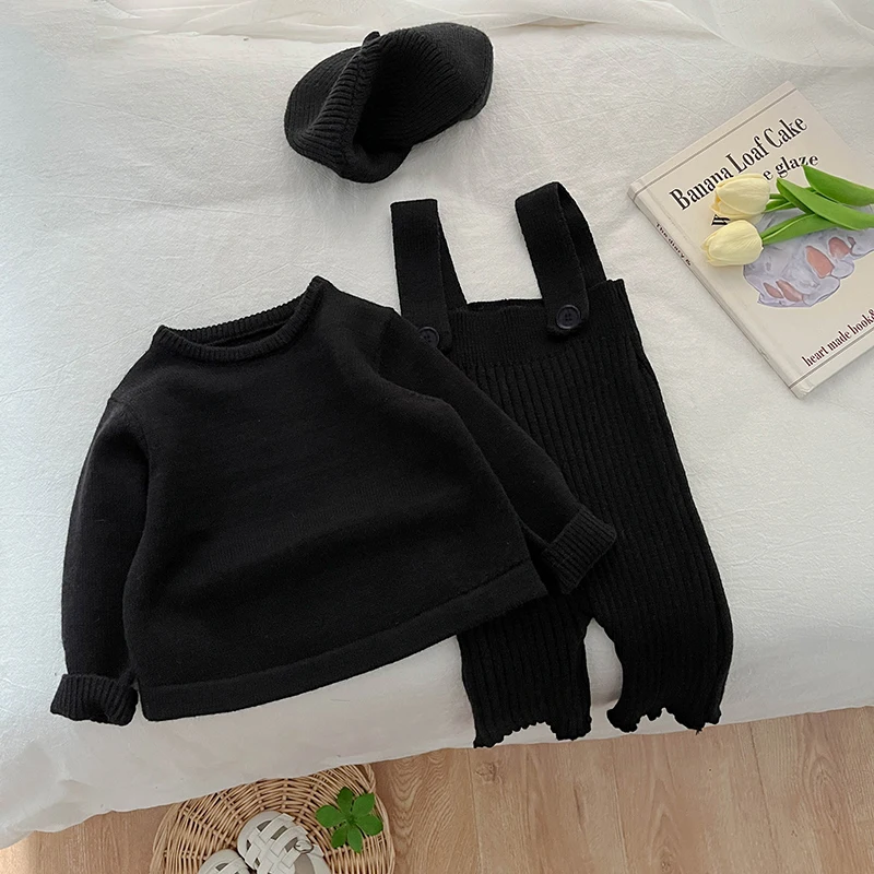 Autumn Newborn Baby Girl Baby Clothes With Solid Color Knitted Pants Girls Casual Pit Strap Pants Set Baby Outing Clothes