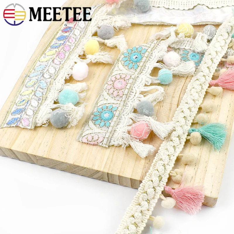 1/3Meter Meetee Ethnic Embroidered Jacquard Tassel Hairball Lace Ribbon Trim DIY Craft Hometextile Cloth Decoration Accessories