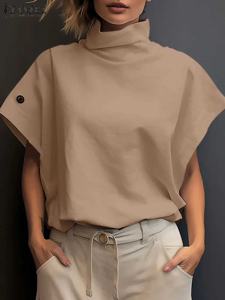 ZANZEA Stylish Summer Blouses Baggy Bat Sleeve Turtleneck Fashion Blusas Mujer Solid Color Women Casual Short Sleeve T-shirt