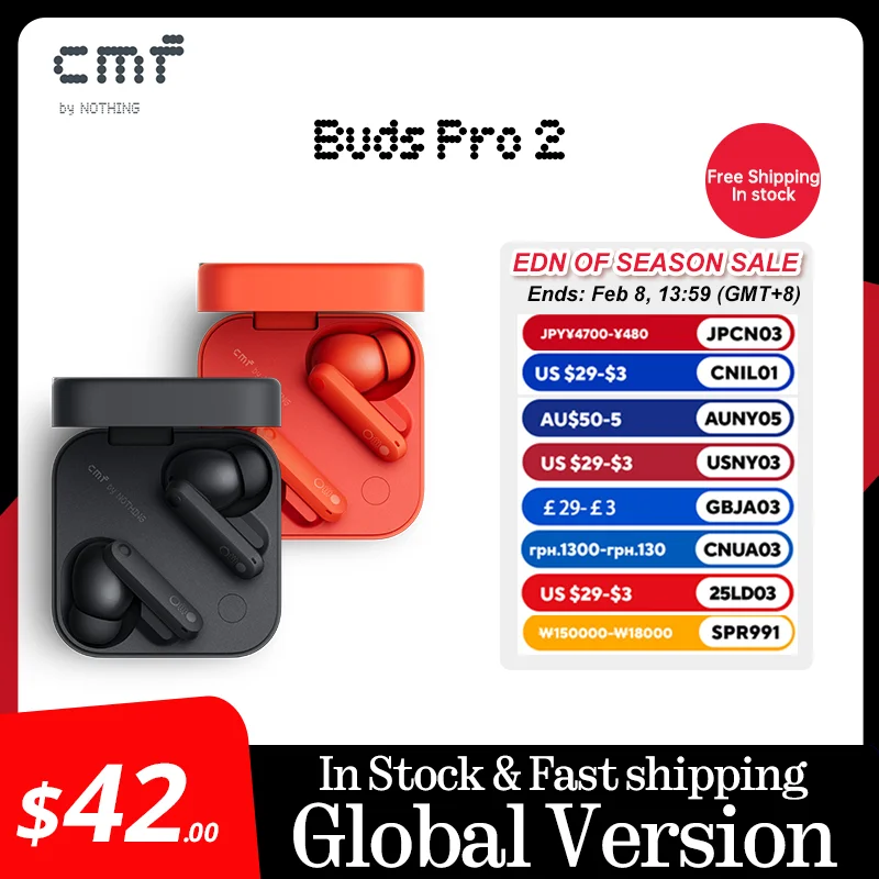 Global Verison CMF by Nothing Buds Pro 2 50dB Hybrid Active Noise Cancellation 6MICS IP55 Bluetooth 5.3