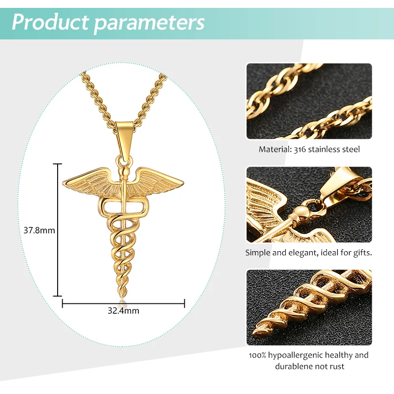 Medical Symbol Nurse Doctor Animal Pendants Necklace Stainless Steel Caduceus Double Snake Wings Necklaces For Men Women Jewelry