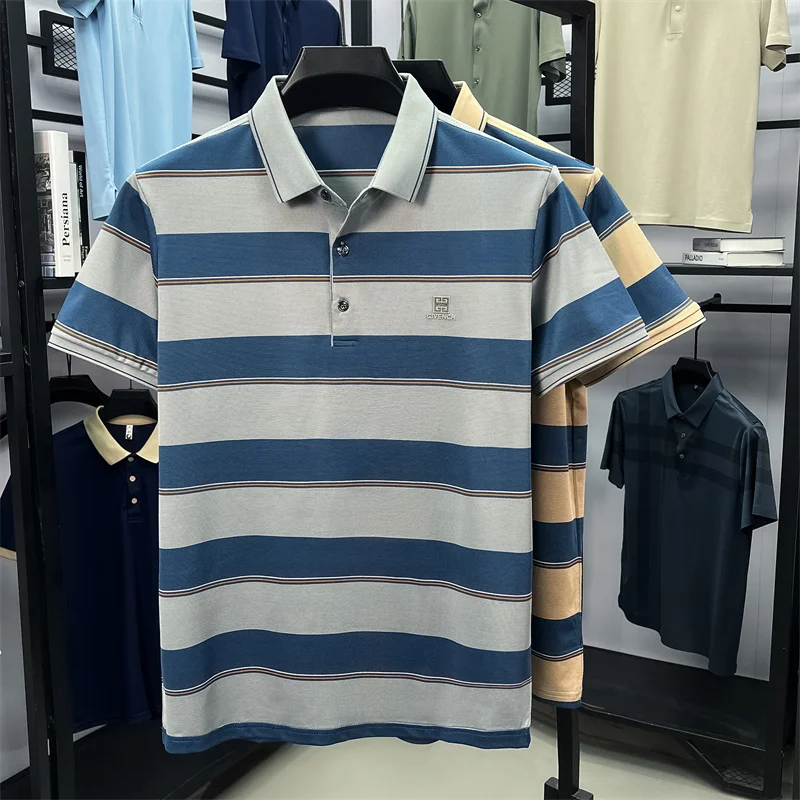 ضوء فاخر مخطط اللون منعت قصيرة الأكمام قميص بولو رمز العلامة التجارية تنقش الراقية عادية الصيف حريري السلس تي شيرت رجالي #3