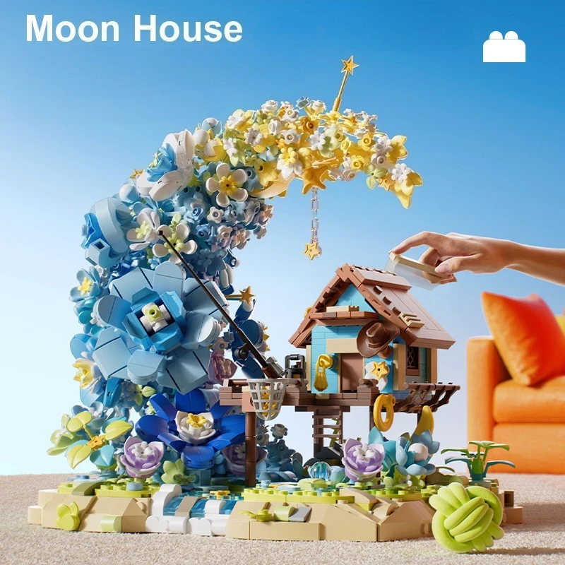 Moc conto de fadas lua casa de madeira blocos de construção conjunto com luz árvore floresta noite cabana brinquedos para crianças aniversário presentes especiais