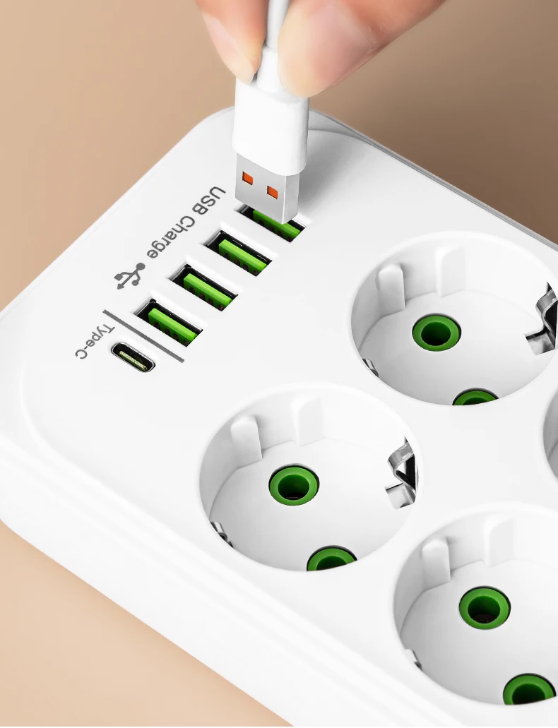 EU-Stecker Mehrfachsteckdose mit 2m Verlängerungskabel, Elektrische Steckdose mit Smart-USB, Überspannungsschutz und Netzwerkfilter für Zuhause und Büro – Detail 14