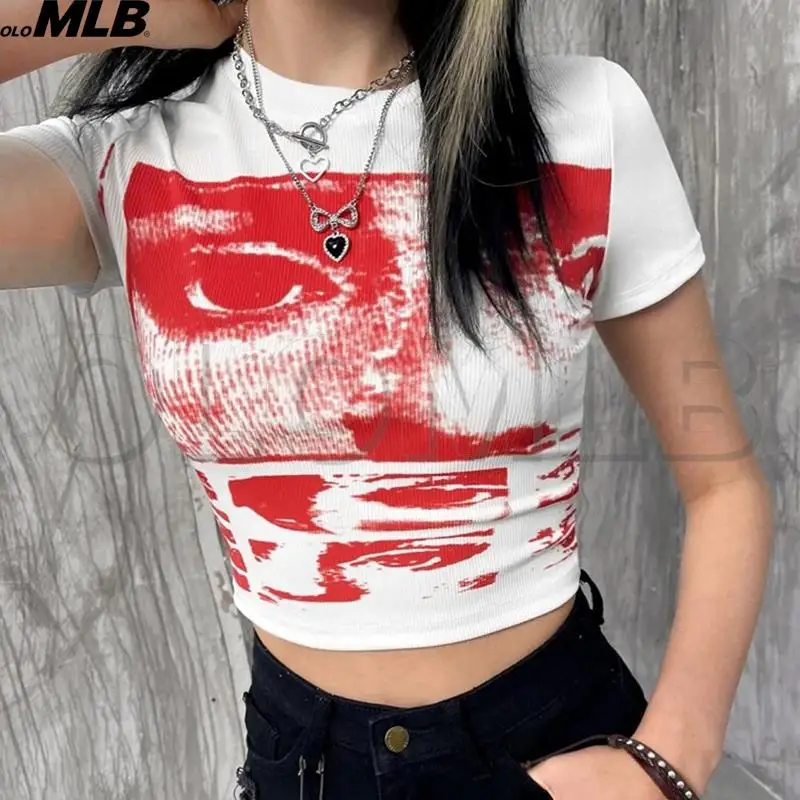 

Y2K Summer Graphic Print 2000s Streetwear Harajuku Goth Short Sleeve T-shirts fairy grunge E-girl Crop Top Slimclothes vintage