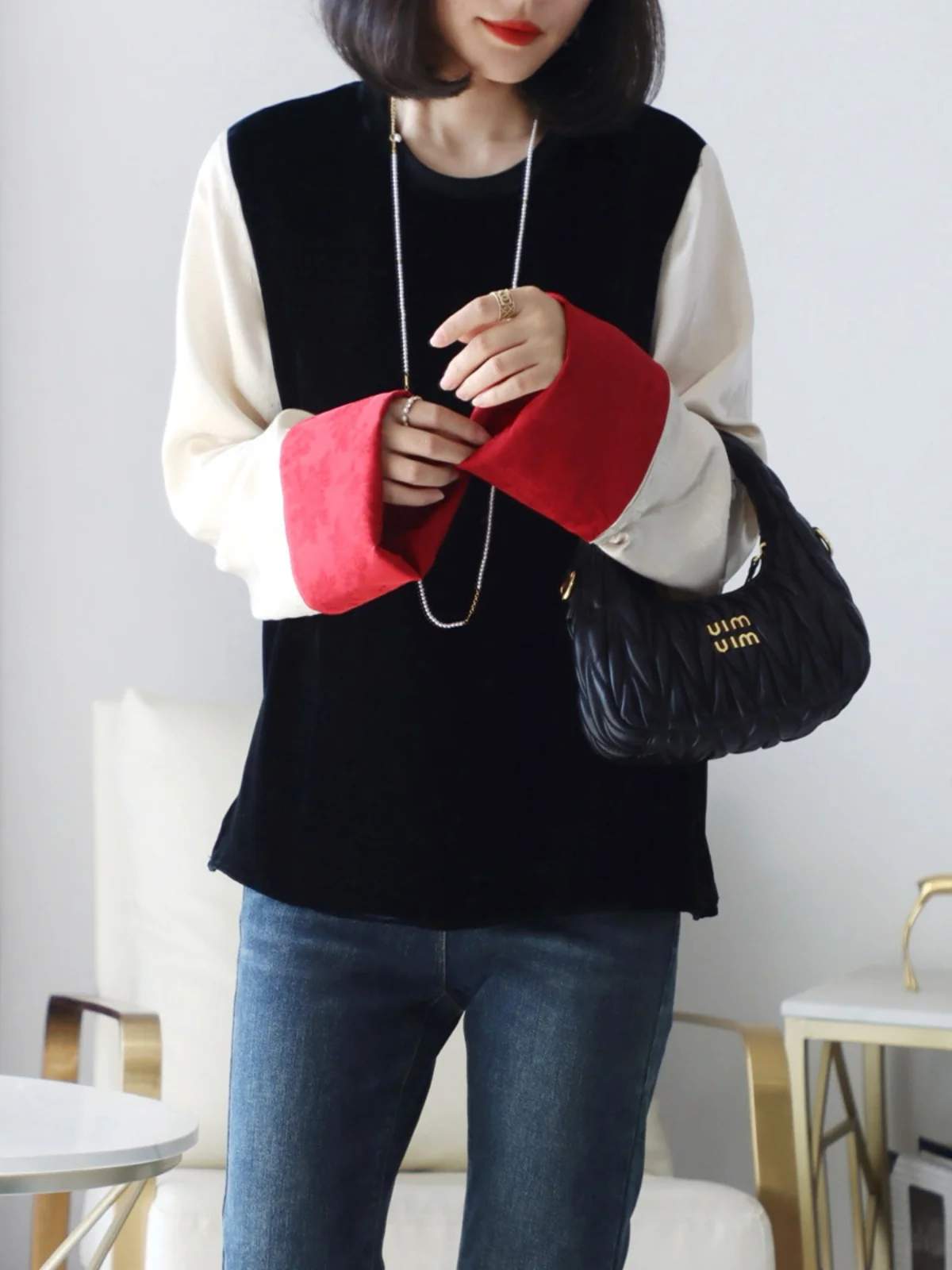 

Женская повседневная рубашка из бархата с круглым вырезом, контрастными вставками белого и черного цветов, из ткани с контрастными элементами, для делового стиля