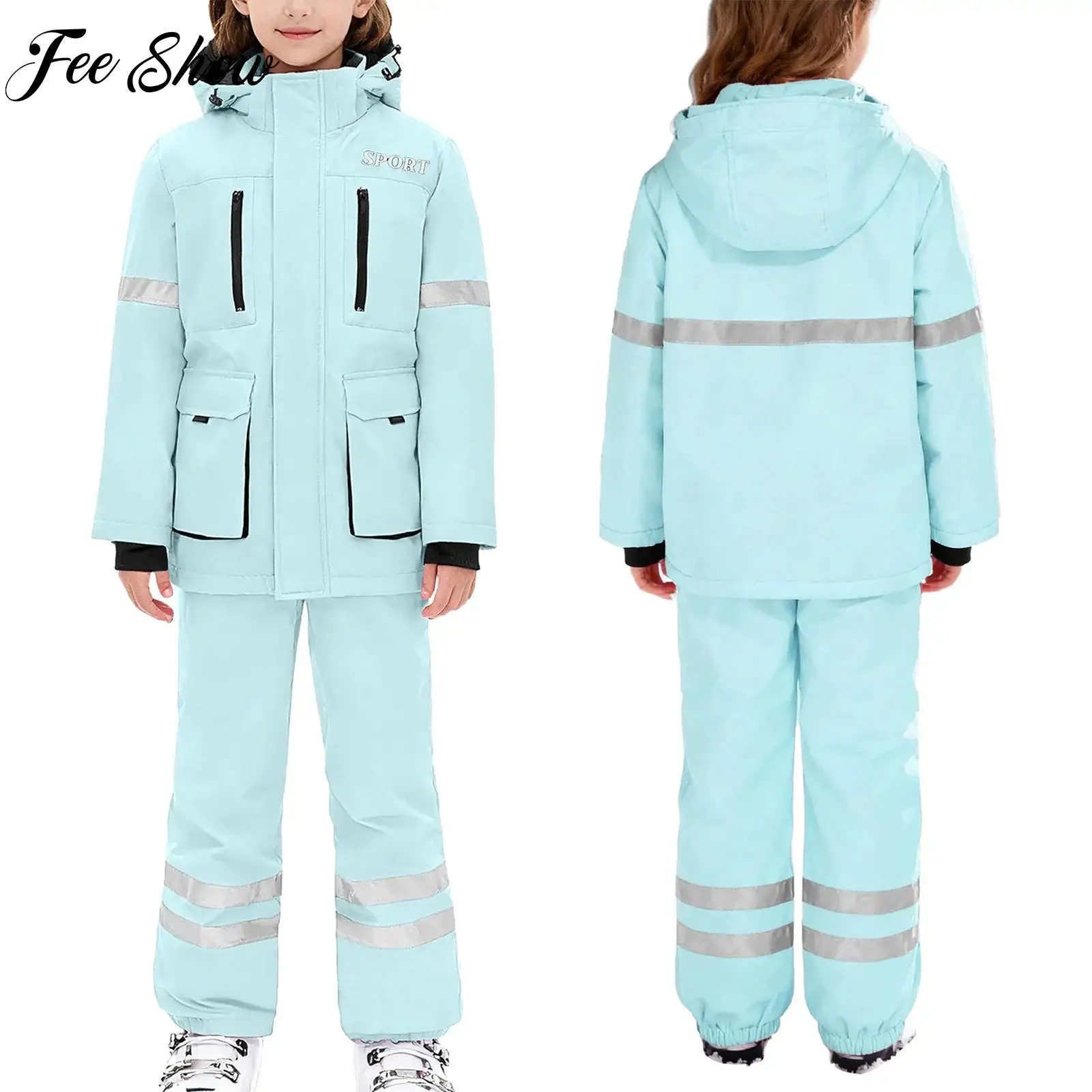 

Quick-drying Water Resistant Snowsuit Skiwear Kids Girls Long Sleeve Zipper Hooded Jacket+Overalls Skiing Snowboarding Clothes
