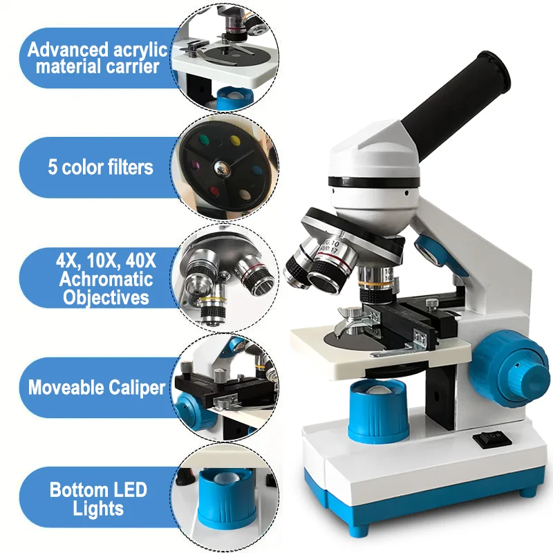 Microscope with Moving Slide Clip & Dual LED, for School Lab Home Use, Students and Adults
