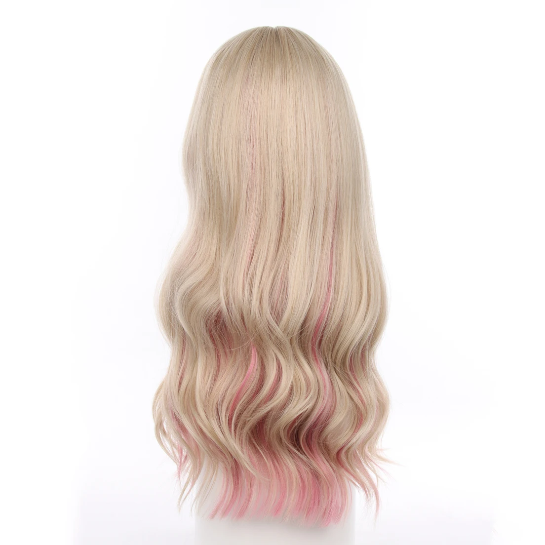 Wig Lolita Sintetis Tahan Panas Pirang Ombre Merah Muda Bergelombang Panjang dengan Poni untuk Wanita, Pesta Cosplay, Penggunaan Sehari-hari