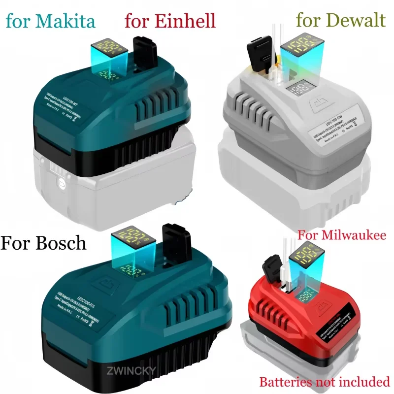 

100W rechargeable battery adapter for Makita/Dewalt/Milwaukee/Einhell 18V lithium battery with LED display Type-C and USB ports