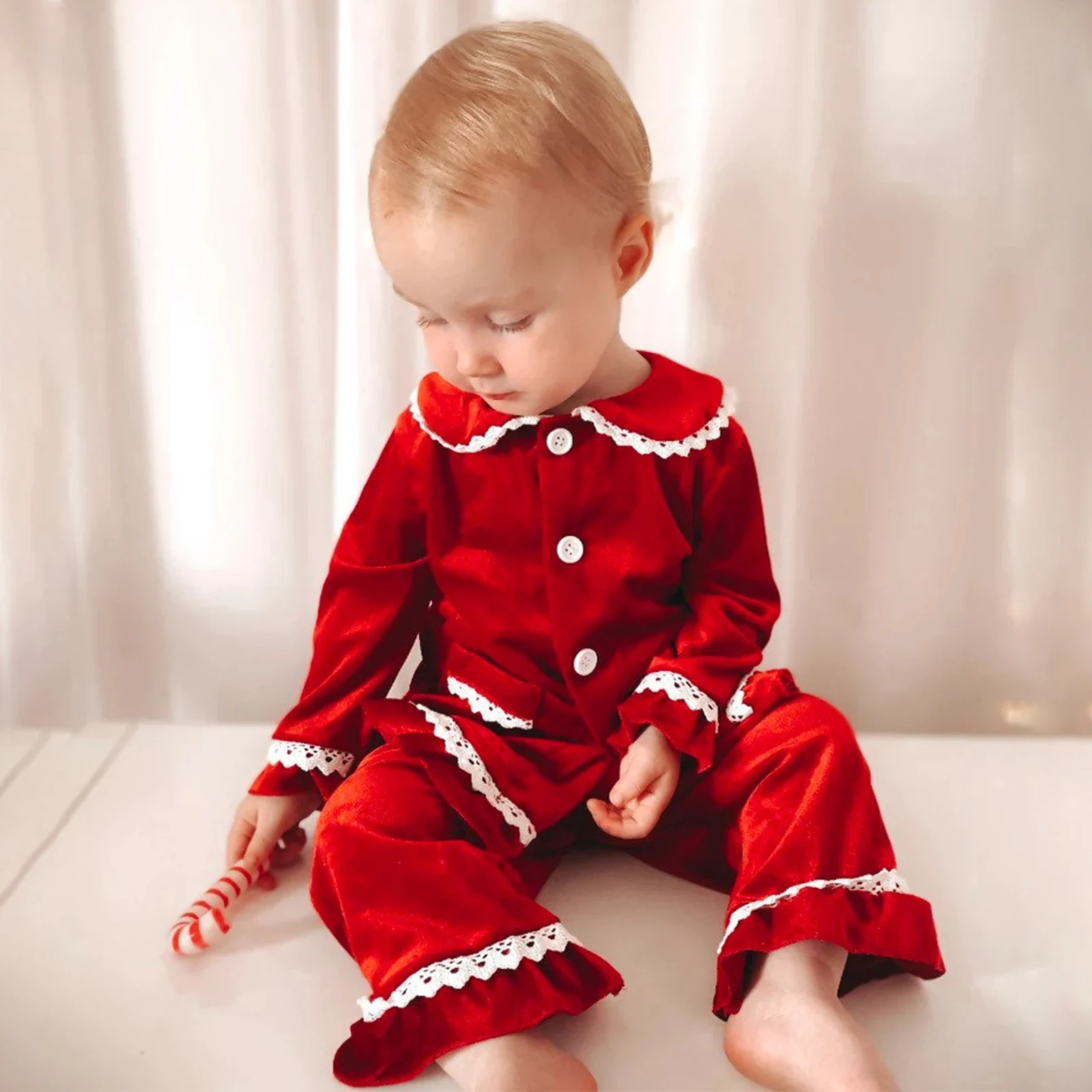 

New Fashion Baby 2Pcs Velvet Pajamas Set Long Sleeve Lace Patchwork Button Down Tops + Pants Set 12 Months-5 Years