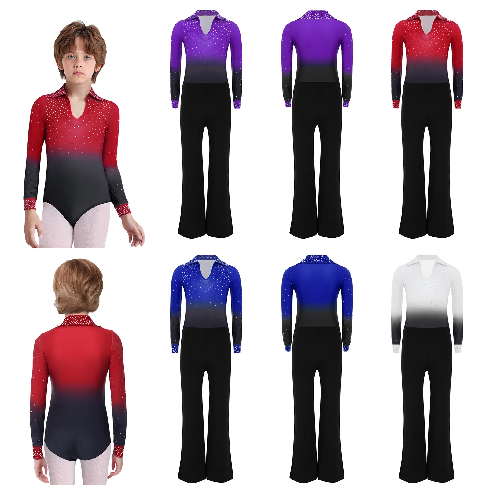 Jungen 2Pcs Ballett Latin Dance Outfit Langarm Strass Gymnastik Trikot Eiskunstlauf Tanz Bühne Leistung Outfit