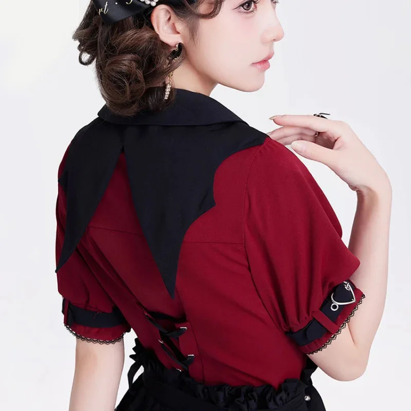 Gothic Lolita Shirt Women Harajuku Bat Lace Collar Black Red Long Short Sleeve Blouse Y2k Aesthetic Elegant Sweet Clothes Tops