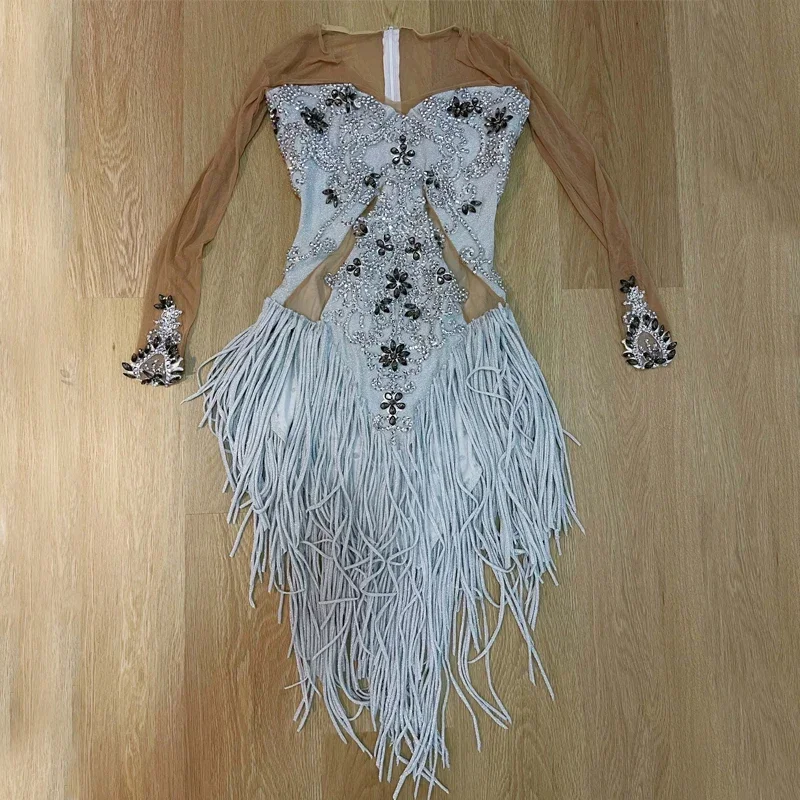 Vestido Sexy con flecos y diamantes de imitación para mujer, traje de fiesta de noche, Gogo, baile, escenario, Rave