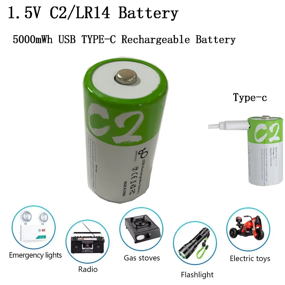 

Размер C 1,5 В 5000 МВтч LR14 Аккумуляторная батарея Type-C Быстрая зарядка для фонарика Газовая плита Нагреватель Батарея