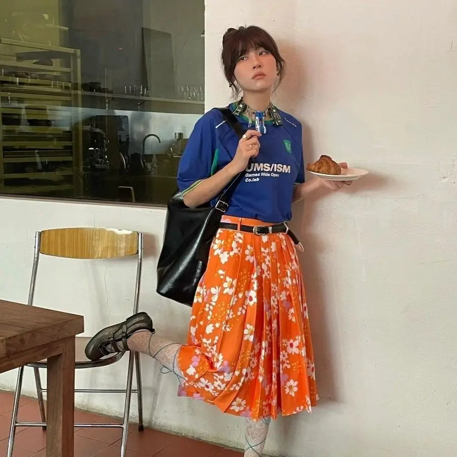 Gedrukte dubbele plooirok Vintage Y2k mode A-lijn rokken Contrasterende kleur MIDI-jurk Dameskleding Koreaanse rokken