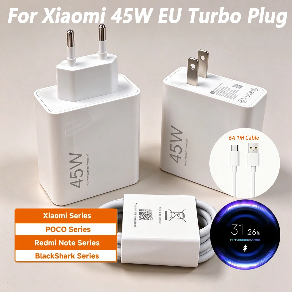 FOR 45w Xiaomi Charger Turbo EU Charge Adapter 6A USB Type C Cable For Mi Pad 6 7 8 Redmi Note 15 14 Poco M7 X7 M5 X5 M4 X