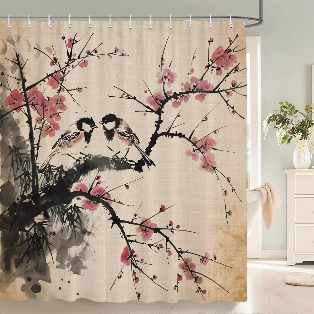 Chinese style plum Blossom Birds Shower Curtain, Texture Fabric  Bathroom Decor Waterproof Flowers Bathroom Curtains with Hooks