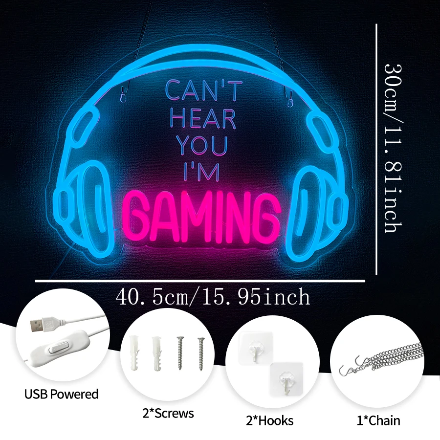 Can'T Hear You I'M Gaming Led Neon Sign, Game Headset Icon, The Best Gift For Gamers, And Men'S Cave Game Room Club Bar Decor.