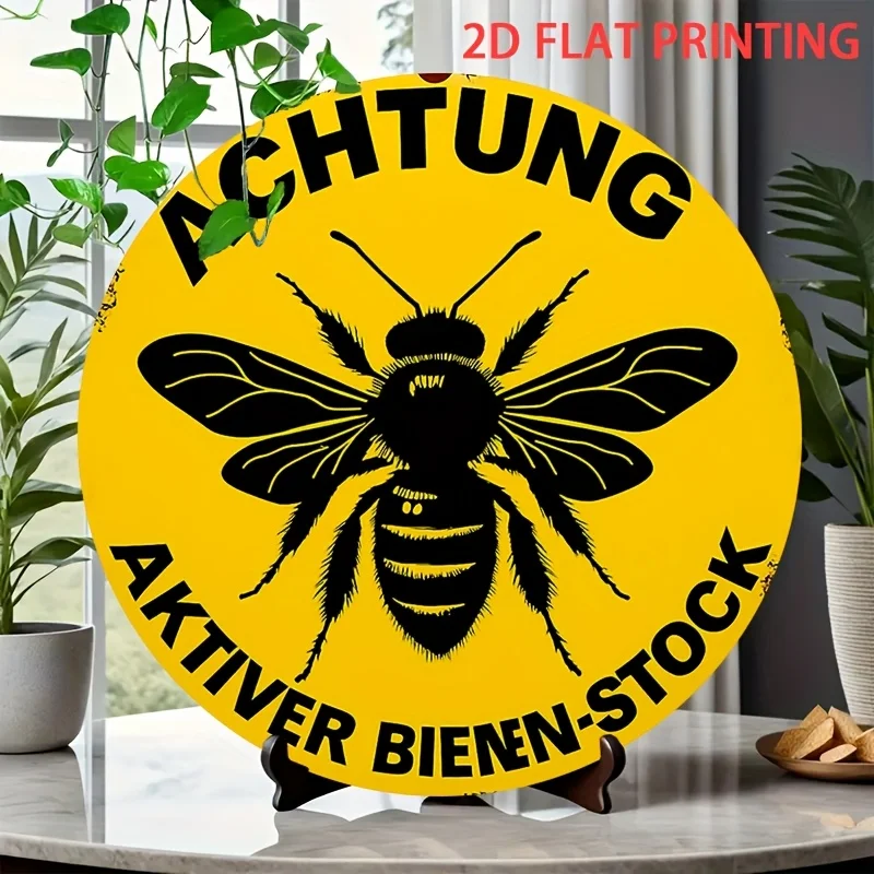 مسطح ثنائي الأبعاد، قطعة واحدة من علامة تحذير مستعمرة النحل النشطة - مع النص الألماني "Achtung - Aktiver Birnenstock"، رسم النحل - شركة الحديد شديدة التحمل