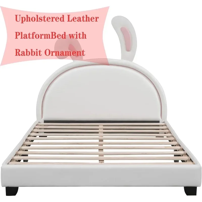 Upholstered PU Leather Kids Bed Frame with Rabbit Ornament, Sturdy Wooden Slatted Support, Cute Platform Design