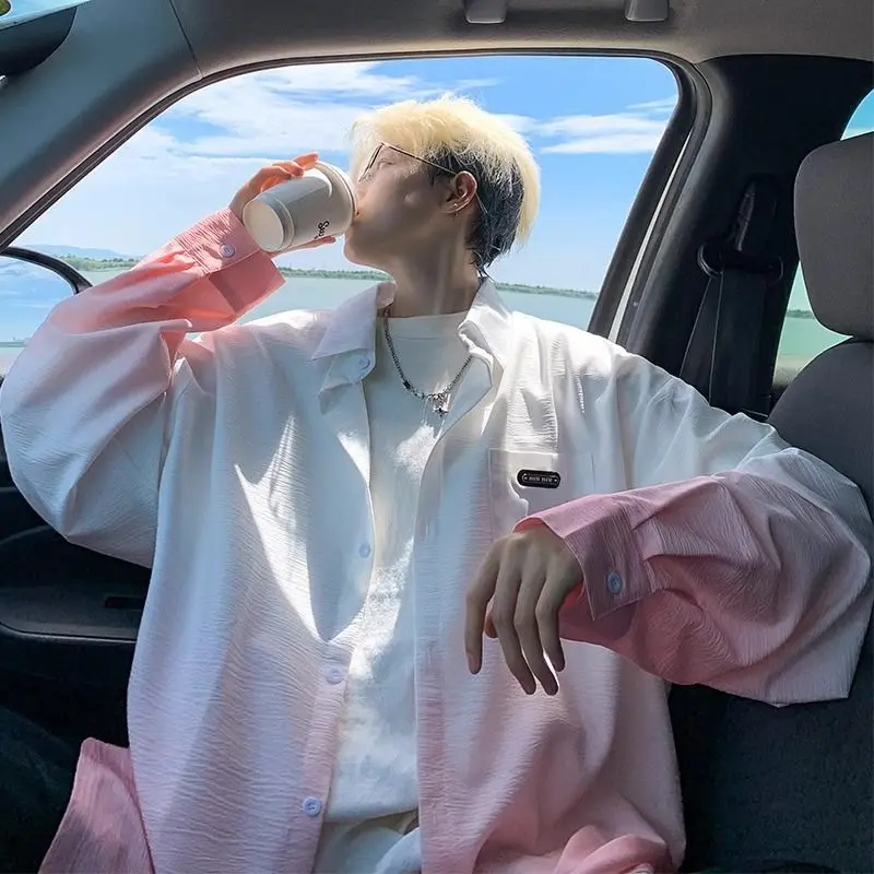 

Men's Korean Fashion Gradient Print Oversize Lapel Shirt Youth Harajuku Casual Streetwear Y2K Long Sleeve Tops Camisas De Hombre