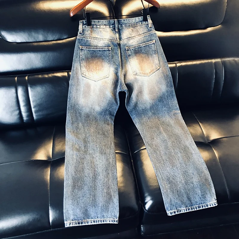 루즈핏 고품질 남성 청바지 스트레이트 레그 캐주얼 봄 가을 트렌디 브랜드 홀 펀칭 더티 코튼 스트레치 데님