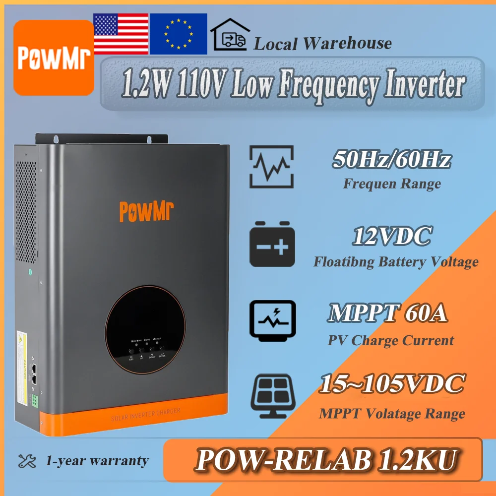 

PowMr 1200W Hybrid Solar Inverters 12VDC to 110VAC Low Frequency Output More Stable With 60A MPPT Solar Controller 15-105V Pane