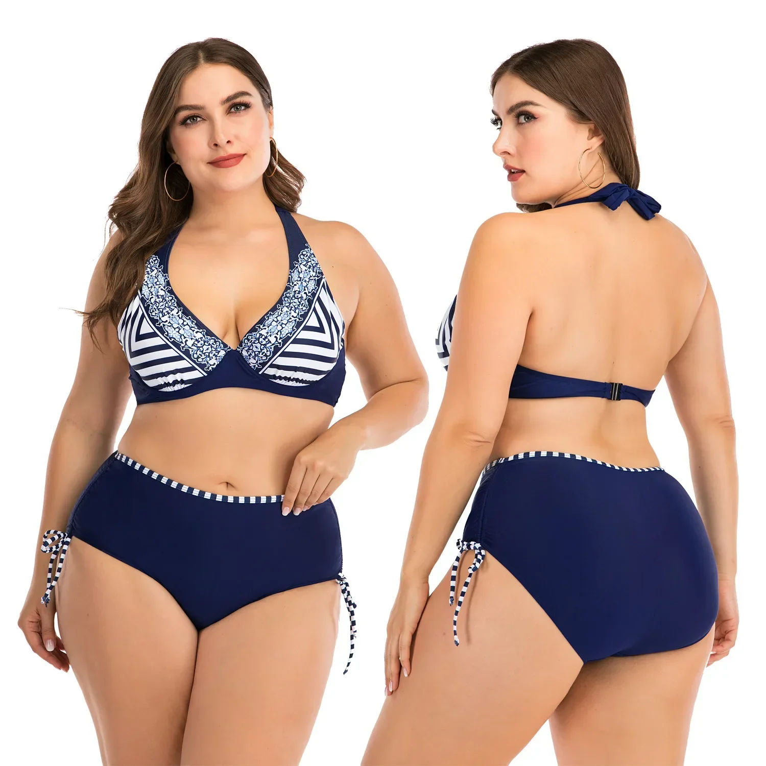 New 2023 Thick Women Swimsuit Plunging Bikini Set Big Breast Backless Swimwear Halter Beach Wear Biquinis Bathing Suit 4XL