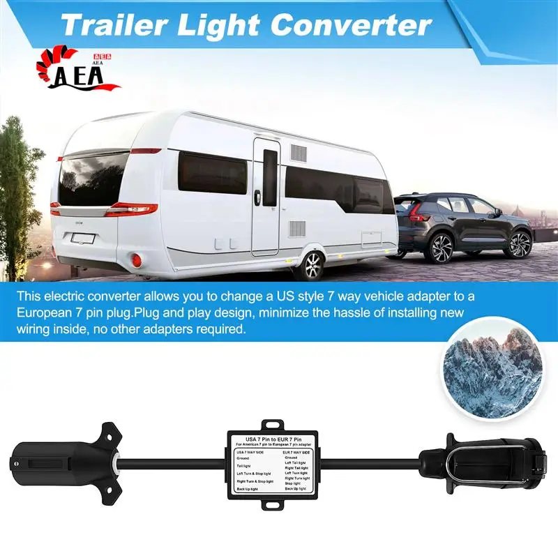 

AEA0-USA To EU Trailer Light Converter US 7-Way Blade Socket To EU 7-Pin Round Plug