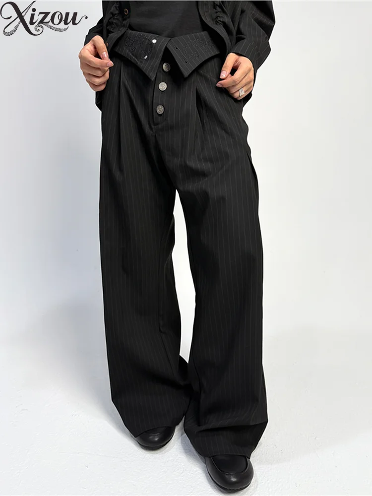 Vintage Wide Leg Pants Notch Lapel High Street Formal Casual Trousers Trend Straight Striped Ribbon Vintage 2026 Unisex Autumn