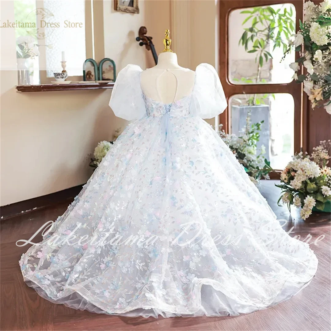 Vestidos de flores para niña, apliques de tul esponjoso blanco, encaje de boda, vestido de fiesta de cumpleaños de primera comunión, regalo para niña