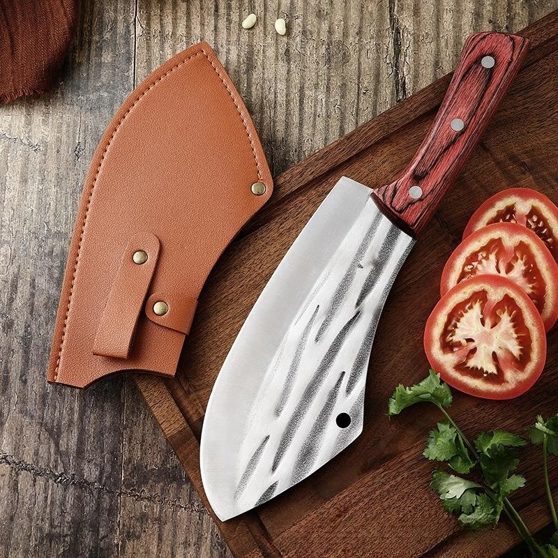 Bone Kitchen Knife Forged Stainless Steel Cleaver Cut Butcher Meat Vegetables Slicing Knife Hammer Grain Red Colored Wood Handle