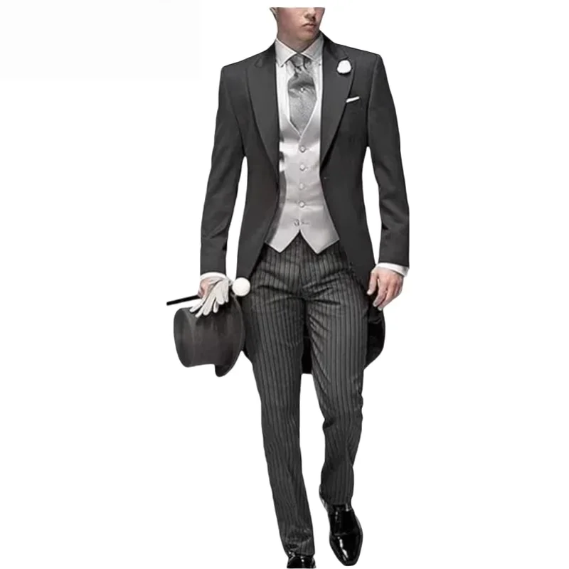 

Men's black morning gown three piece tailcoat design (sports jacket+vest+striped pants) classic wedding formal attire