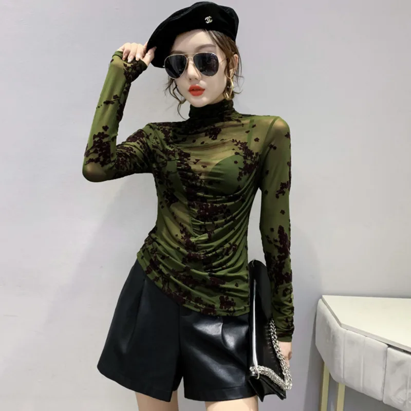 #8436 Khaki Green Basic Mesh T Shirt Women Casual Vintage Printed T Shirt Femme Sexy Thin Tight  See Through Women\'s T-shirt 3XL