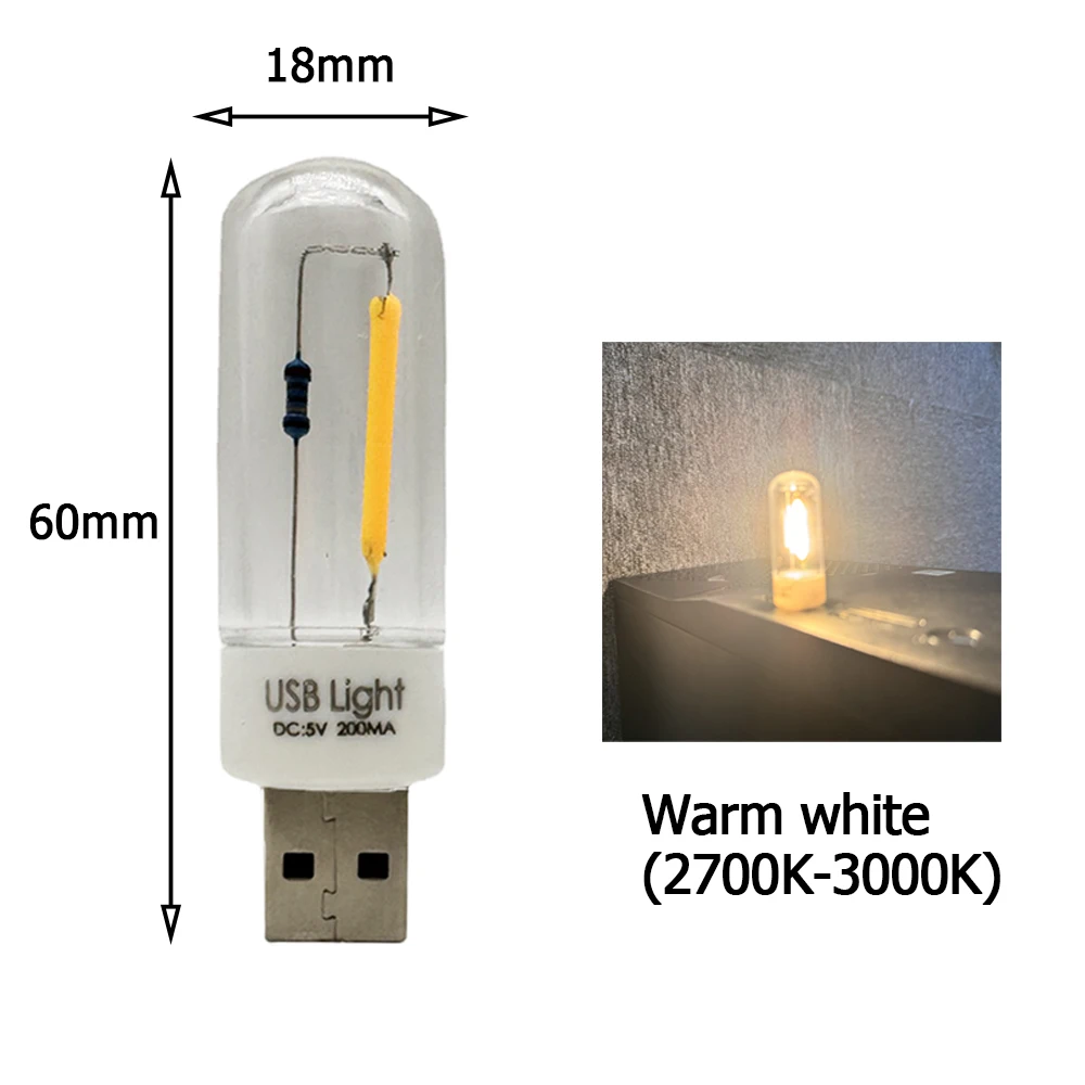 DC5V Mini LED COB Light Bulb Filament Portable Night Reading Lighting Lamp USB 1W Cold Warm White Lighting Charging Treasure