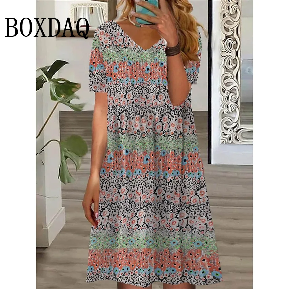 

Elegant Women Vintage Flowers Dresses Summer Retro Striped 3D Printed Short Sleeve Dress Casual Fashion Plus Size Loose Clothing