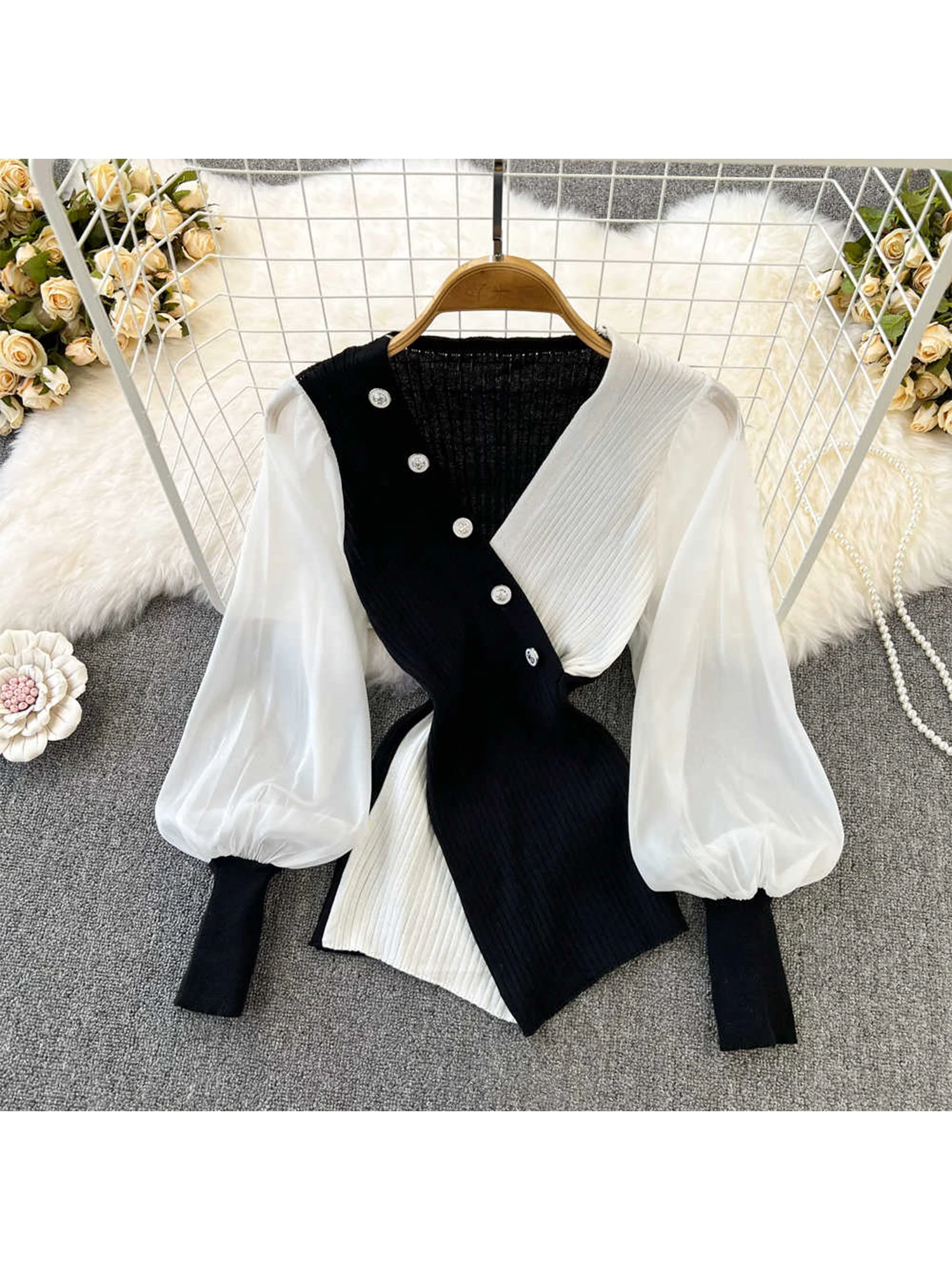 

Women Black Gothic Mesh Patchwork Pullover Sweater Vintage 2000s Y2k V-Neck Jumper Top Knitwear Long Sleeves Sweater Autumn 2025
