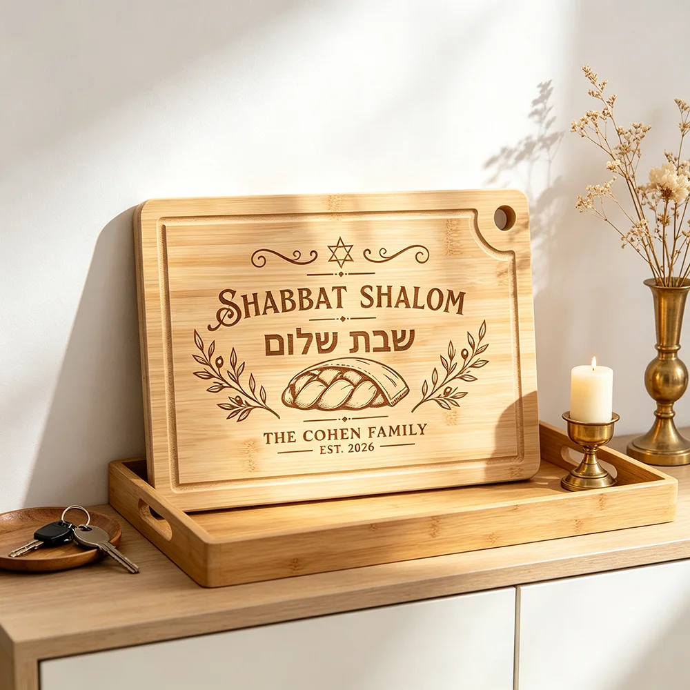 Personalized Challah Board Bamboo Wood Shabbat Shalom Hebrew Cutting Board Jewish Family Gift Judaica Housewarming Gift Decor