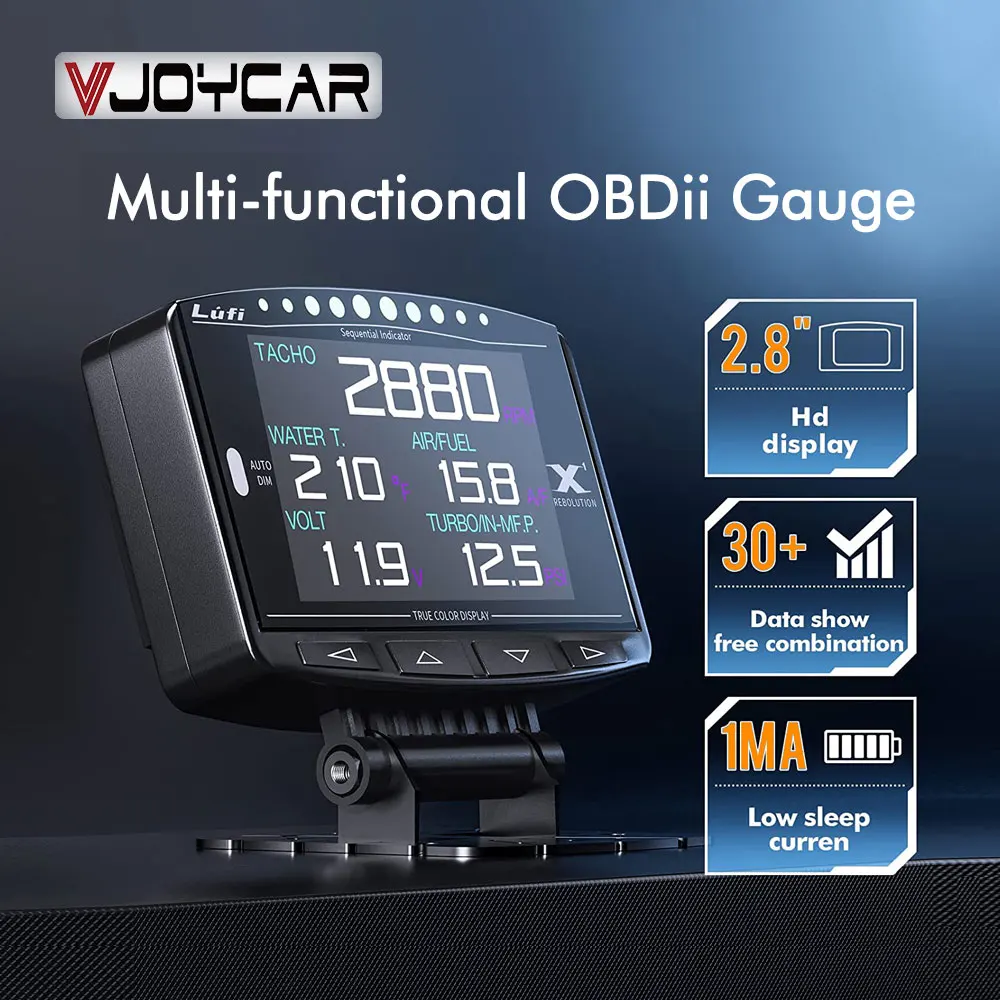 

Vjoycar Lufi X1 OBD2 Gauge Tool Car HUD Smart Meter Display Digital Turbo Boost Oil Temp. Speed RPM Alarms Upgrade Software