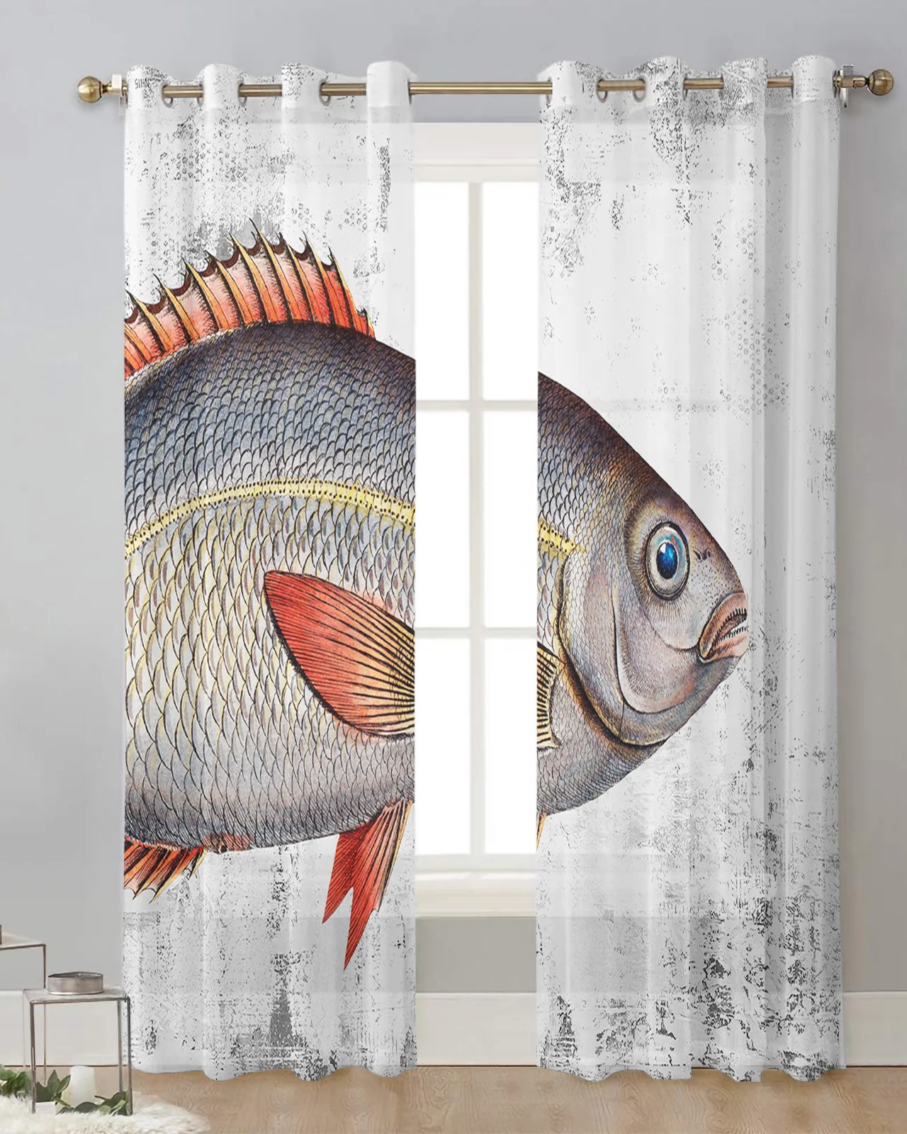 Vintage Mottled Oil Painting Fish Tulle Window Curtains Living Room Bedroom Voile Decorative Curtains Veiling Sheer Drapes