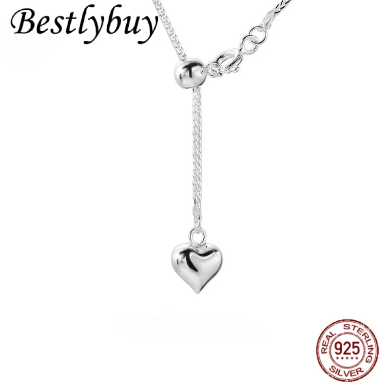 

NEW 925 Sterling Silver Long Necklace With Heart Unique Design Minimalist Pull-out Adjustable Sweater Chain Fashion Jewelry