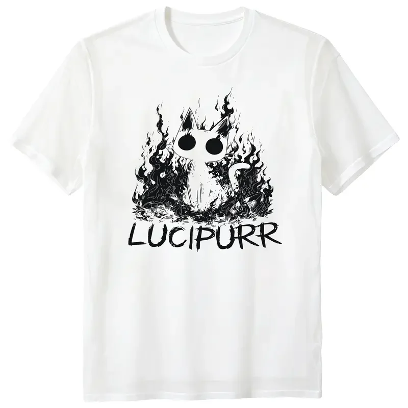 Plus Size Retro T-Shirt - 'Lucipurr Cat with Flames' Design, Soft And Breathable Material, Casual Crewneck Short Sleeve Top for Outdoor, Travel & Gym - Machine Washable Summer, Comfortable Graphic Print Shirt