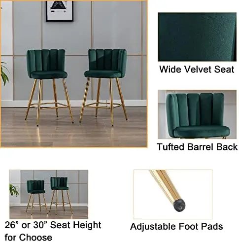 26' Velvet Barstools Set of 4, Green, Gold Legs, Modern Kitchen Island Stools