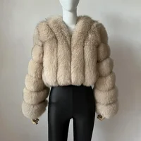 Faux Fox Fur Coat V-Neck Winter Woman Long Sleeve Warm