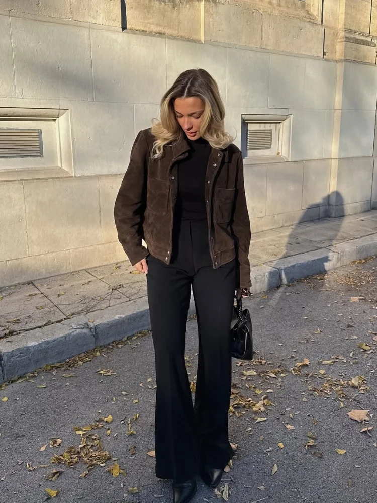 

Vintage Suede Jackets Women Casual Loose Lapel Singel Breasted Pockets Coats Female 2025 Spring New Long Sleeves Street Outwears