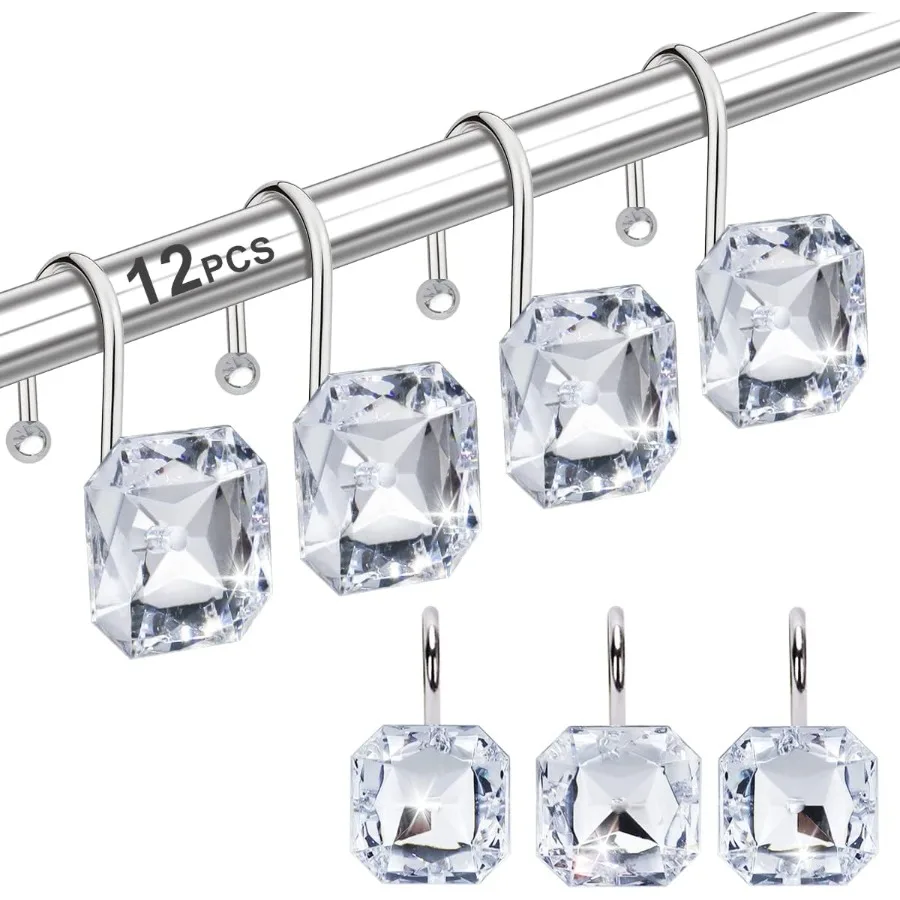 

Shower Curtain Hooks Rings for Bathroom Stainless Steel Rt Resistant Decorative Rhinestones Square Clear Shower Hooks Hangers f