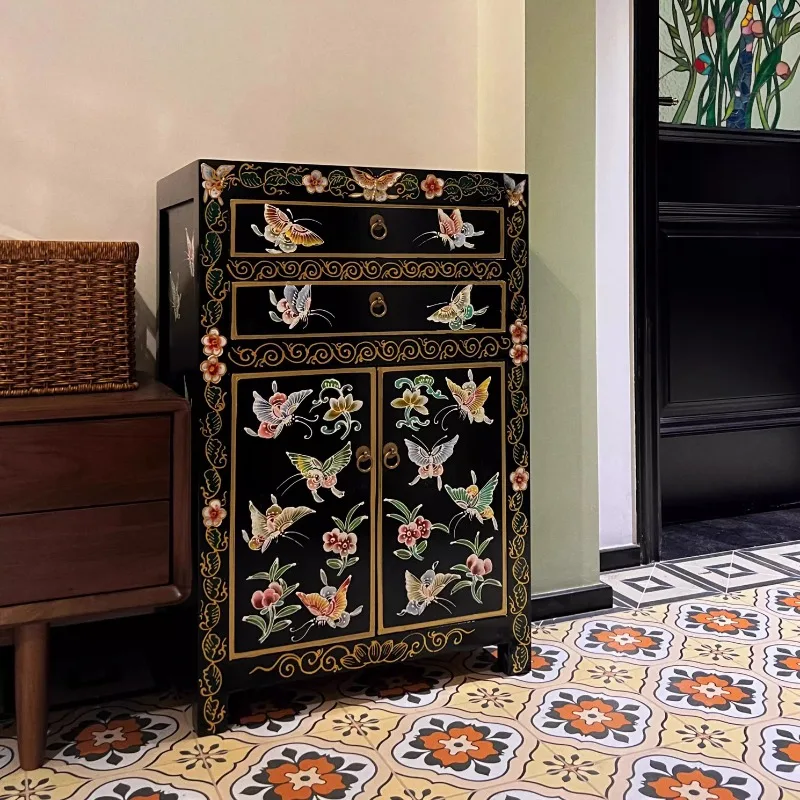 

Vintage Nightstand Sofa Side Table Chinese Pastoral Painted Wooden Cabinet Simple Storage